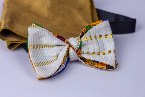 White and Gold Kente Bow-tie [faux self-tie Bow-tie]