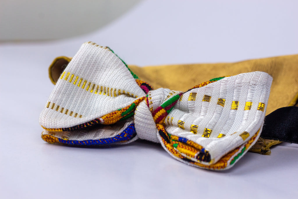 White and Gold Kente Bow-tie [faux self-tie Bow-tie]