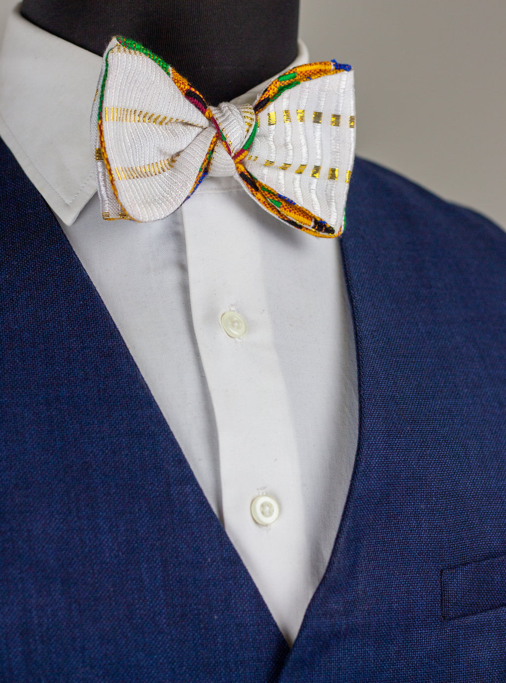 White and Gold Kente Bow-tie [faux self-tie Bow-tie]