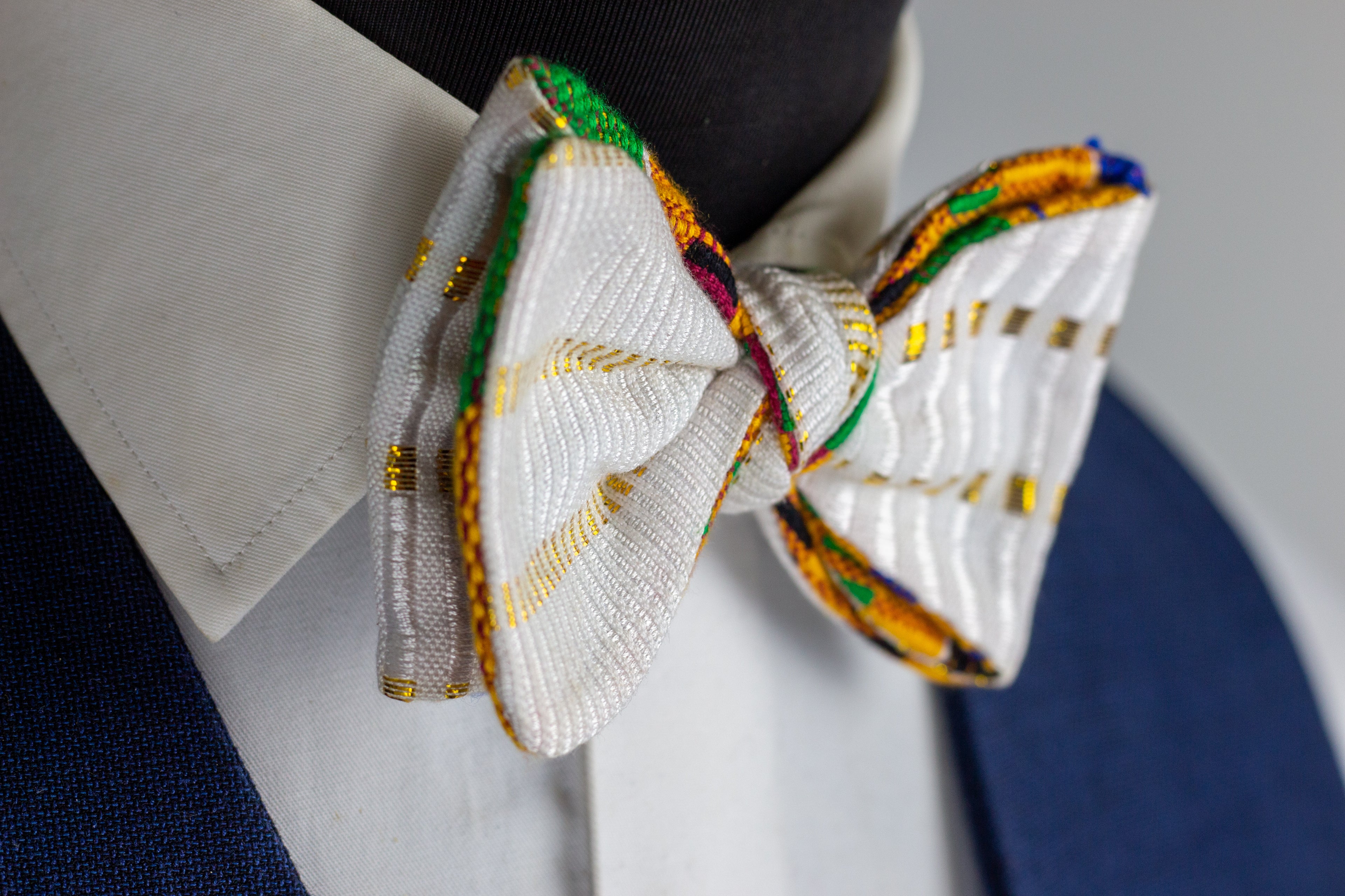 White and Gold Kente Bow-tie [faux self-tie Bow-tie]